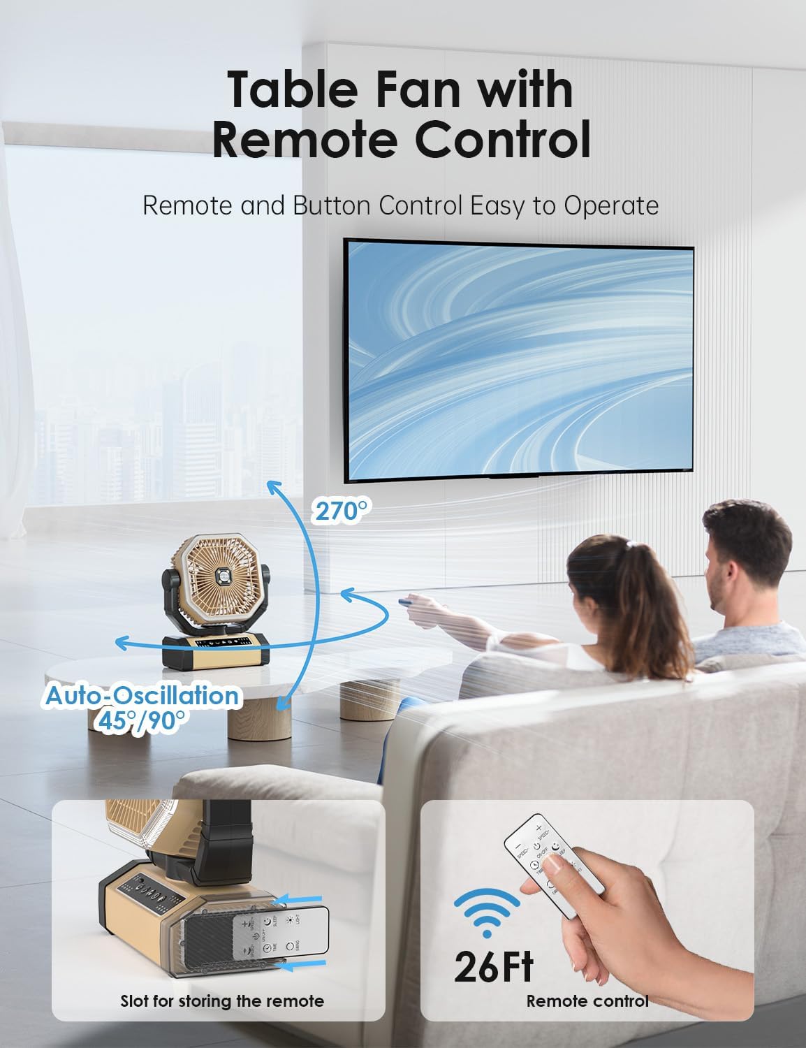 Rechargeable Camping Fan - 9-Inch Battery Operated, 10000mAh(30Hrs) Auto Oscillating Fan with Remote/Light, 4 Speeds, 4 Timing, Outdoor