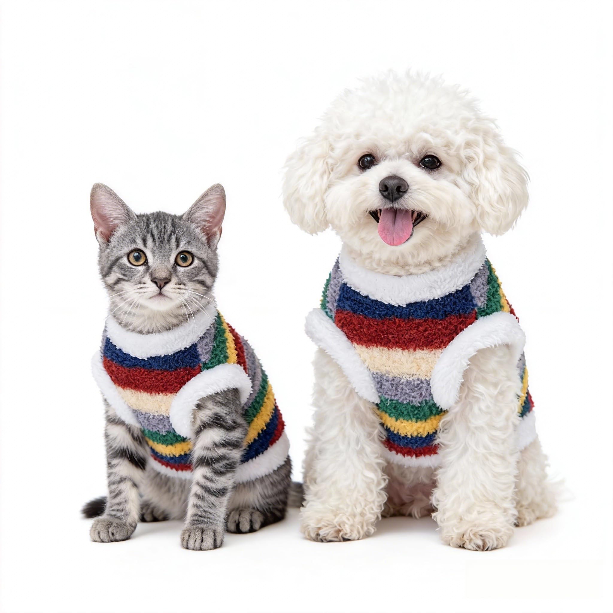 LianLian upin Pet Fleece Pullover Sweatshirt - Rainbow Striped Warm Jumper with Leash Hole for Small Dogs & Cats (XS)