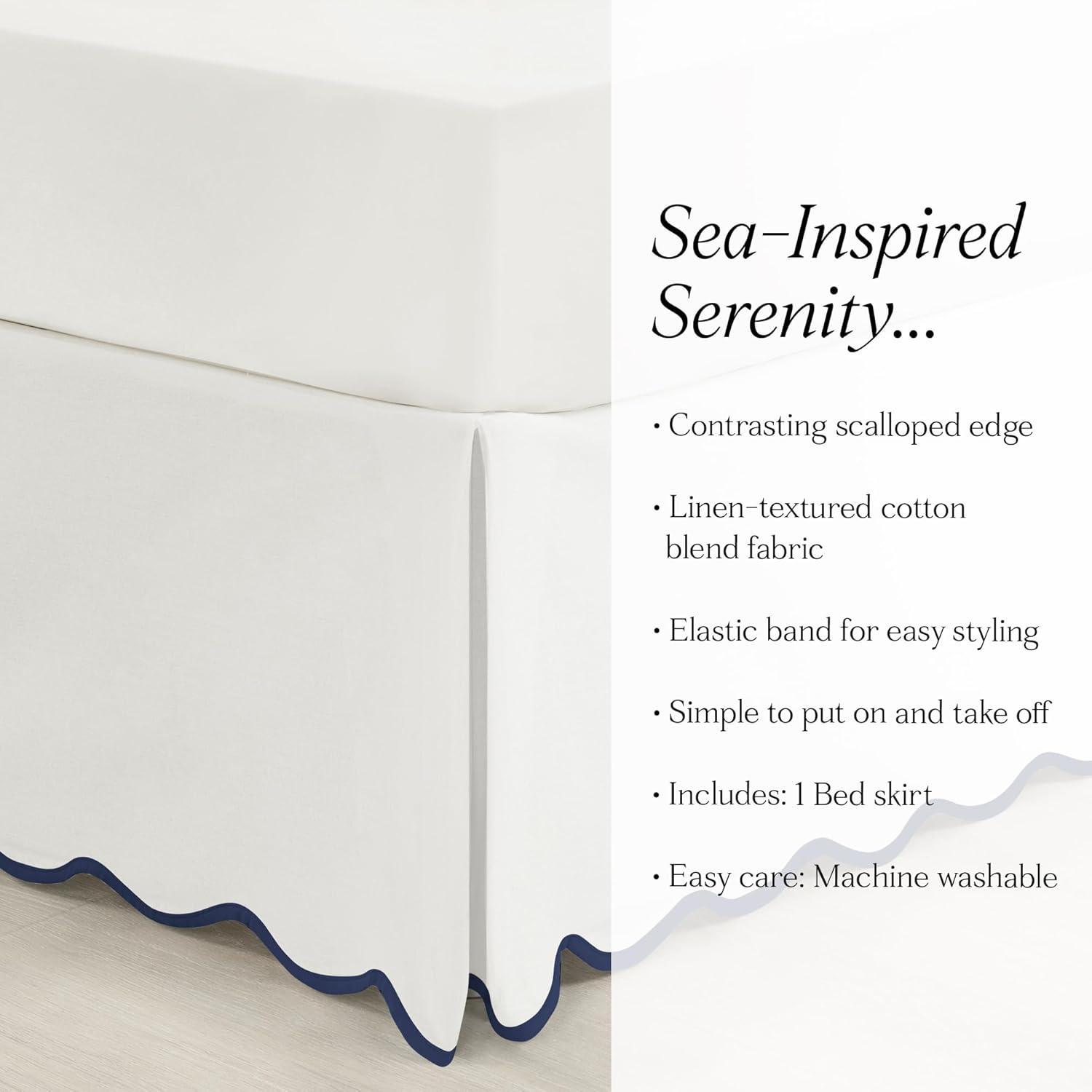 Lush Decor Coastal Chic Scalloped Edge Linen-Textured Bed Skirt Single, Queen Navy & White - White Bed Skirt Queen Size - Coastal Decor - Wrap Around Bed Skirt