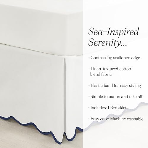Miniatura 6 de Lush Decor Coastal Chic - Falda de cama con textura de lino con borde festoneado, azul marinoblanco, tamaño individual, King, suave, elegante, de