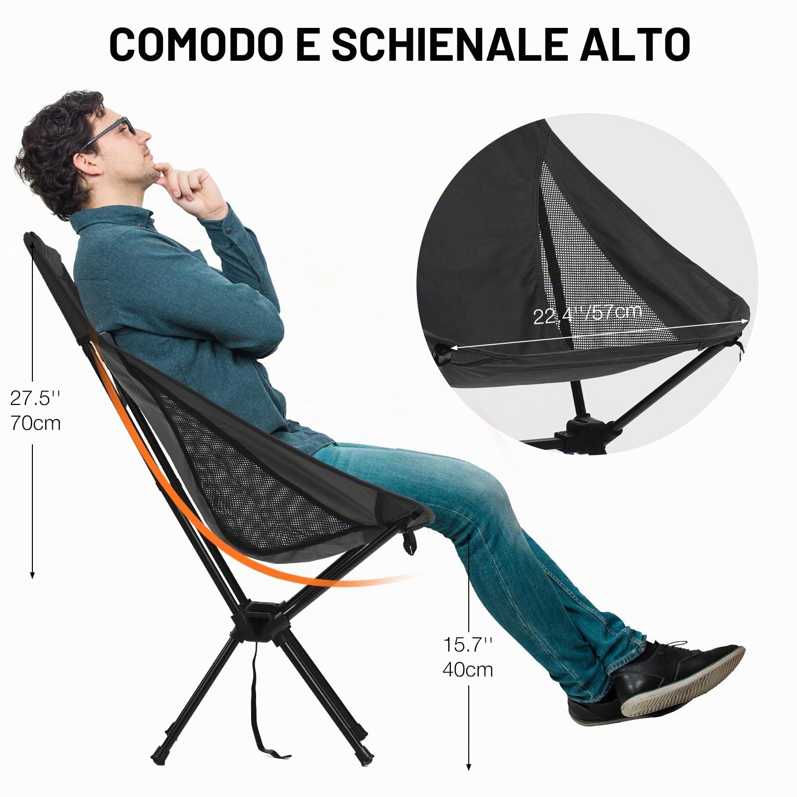 Sedie Campeggio Pieghevole con Schienale Alto, Sedia Spiaggia Leggera con Borsa da Trasporto, Sedia Pieghevole Compatta da Esterno Pesca Mare Giardino, Negro