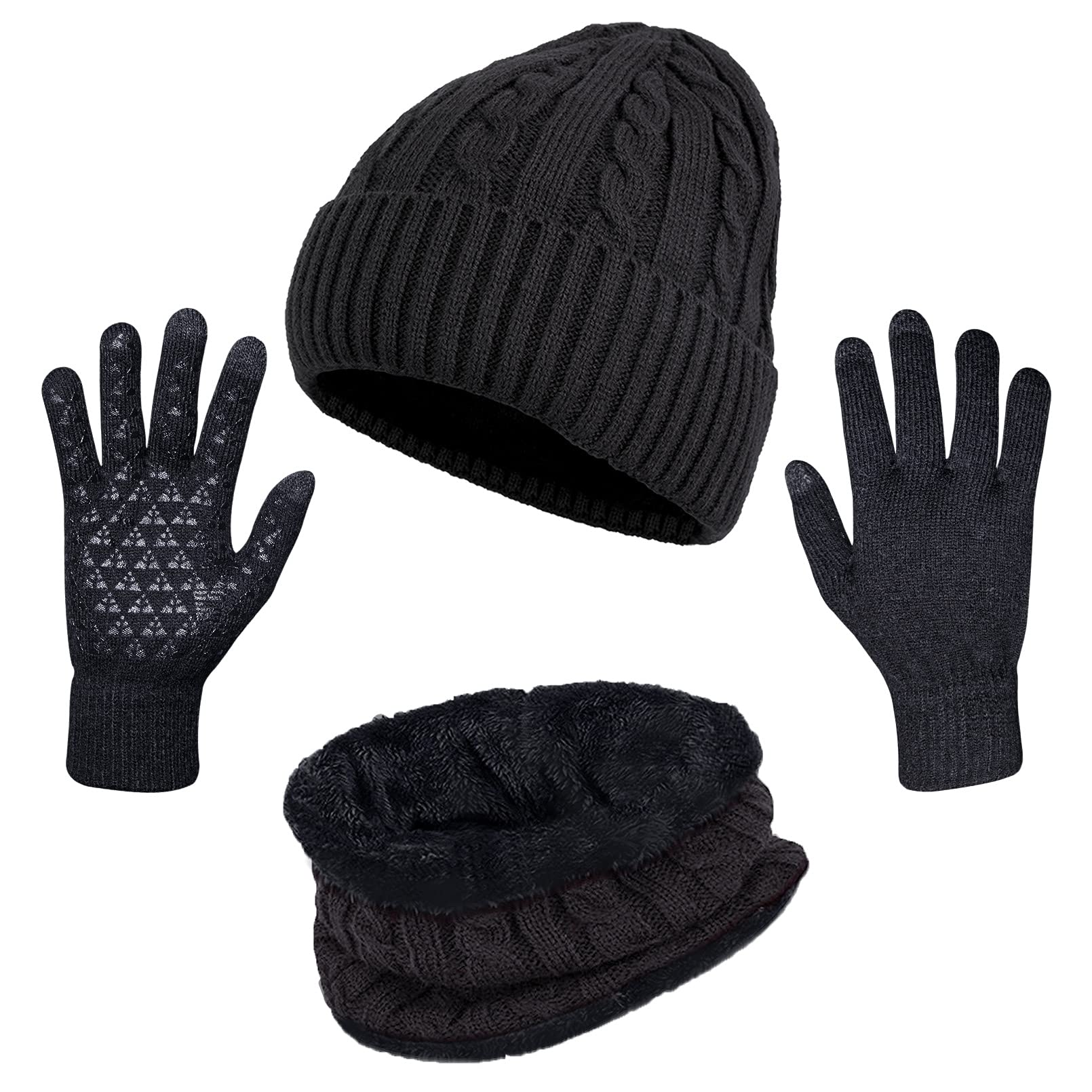 LorittaWinter Beanie Hats Scarf Gloves Set, 3 Pieces Thick Warm Knit Cap Neck Warmer Touchscreen Gloves for Men Women, Black, Medium-Large