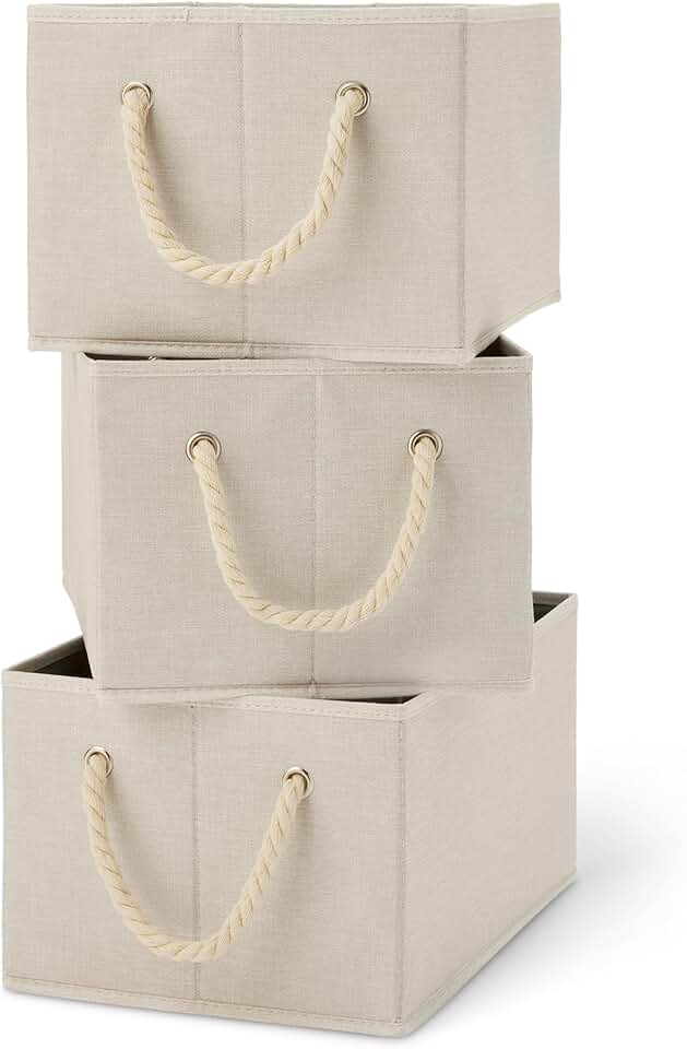 Foldable Storage Bins with Rope Handles, Closet Organizers, Large, Linen, 3-Pack