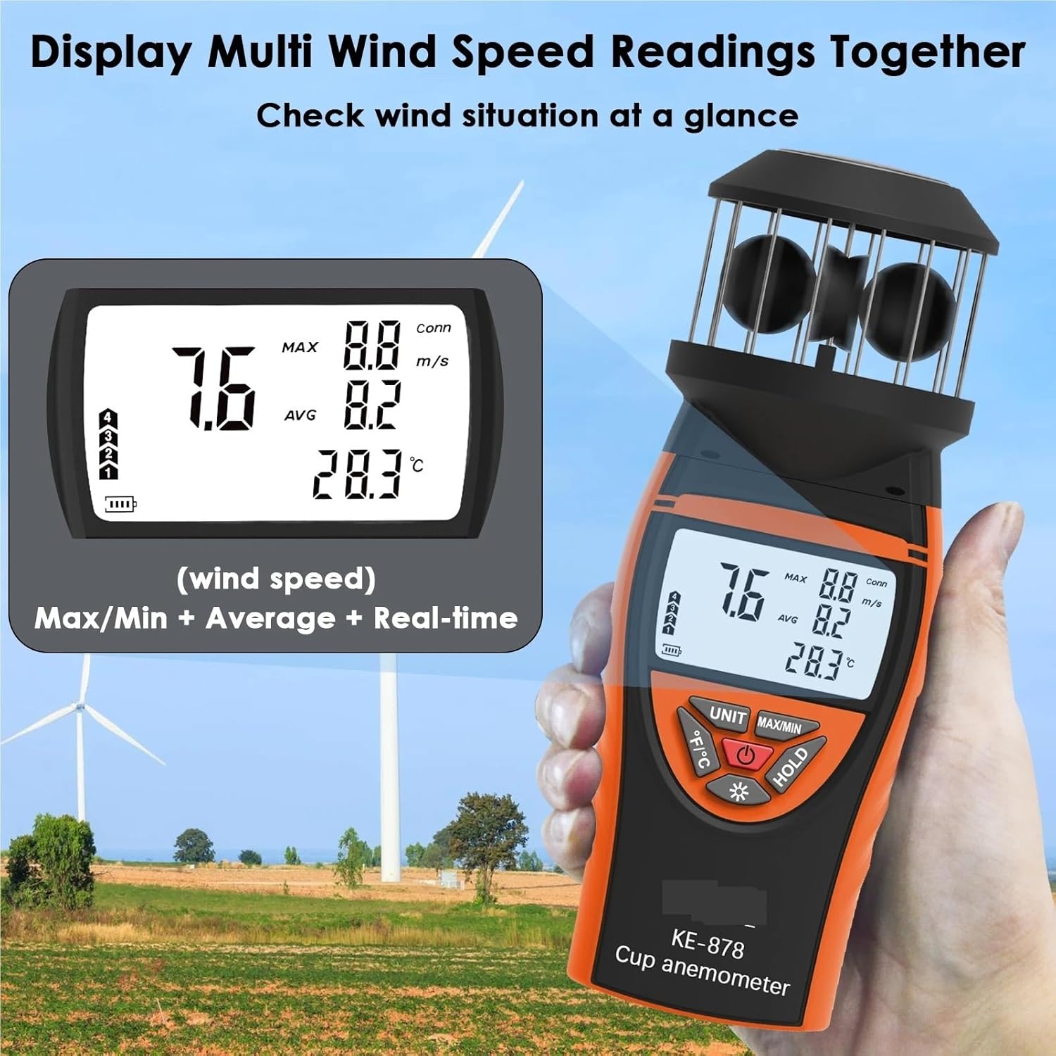 KE-878 Digital Anemometer, 0.4~42M/s Handheld Wind Speed Meter, Air Volume, Wind Speed/Direction with Backlight