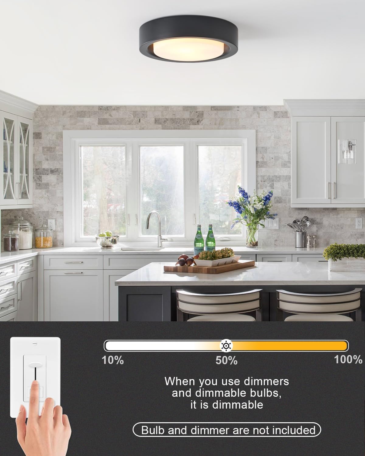 13 Inch Flush Mount Ceiling Light,Black Finish Plate with Frosted Glass Shade,Round Ceiling Lighting Fixture for Hallway Bedroom Closet Livingroom Kitchen Stairwell (Black)