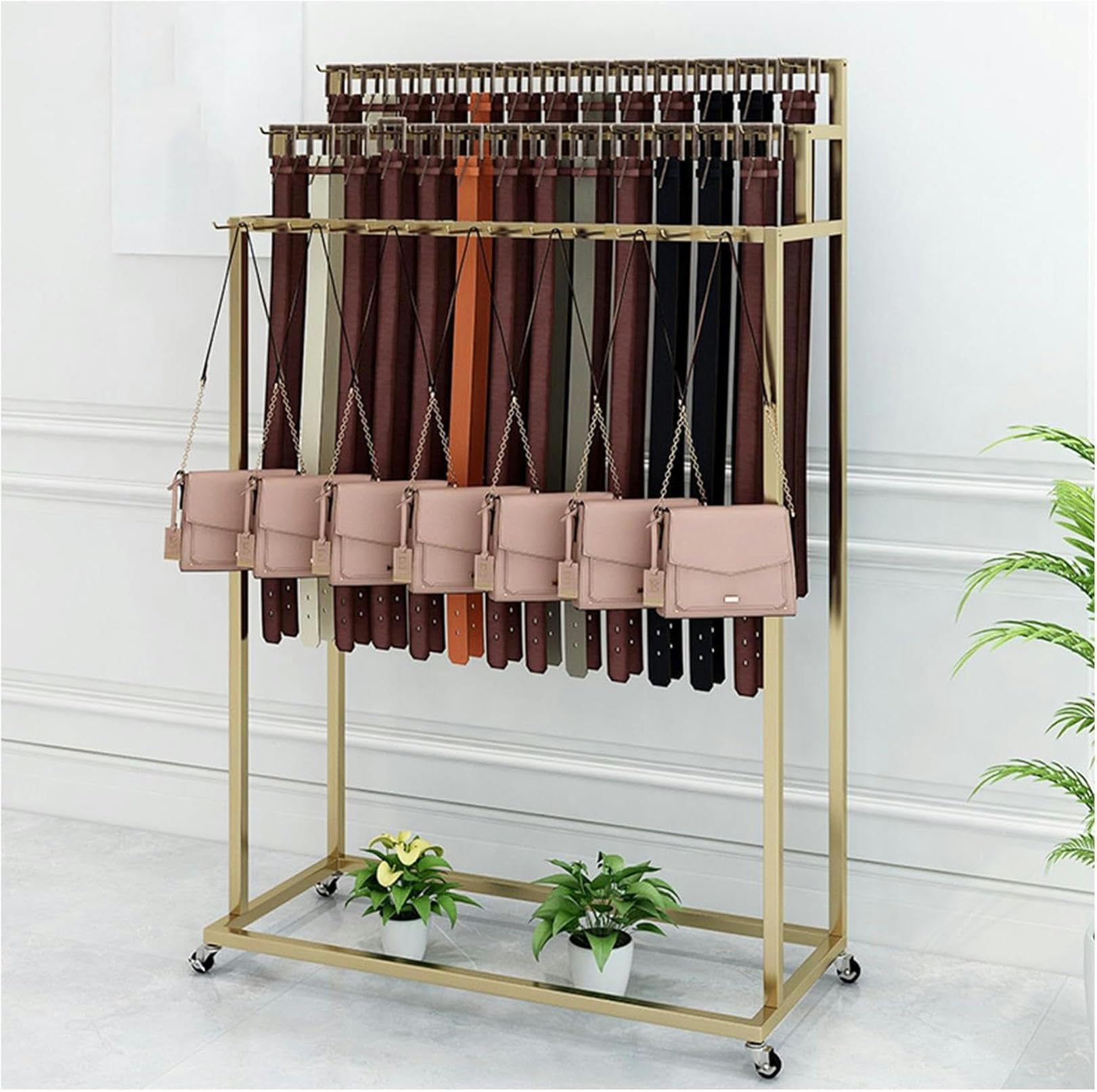 YNBSHGAA Floor Standing Belt Hanger Retail Display Stand with Hooks Movable Shop Tie Rack Closet Organizer for Belts Scarves Purses Jewelry Hats Socks,Gold-100x40x150CM