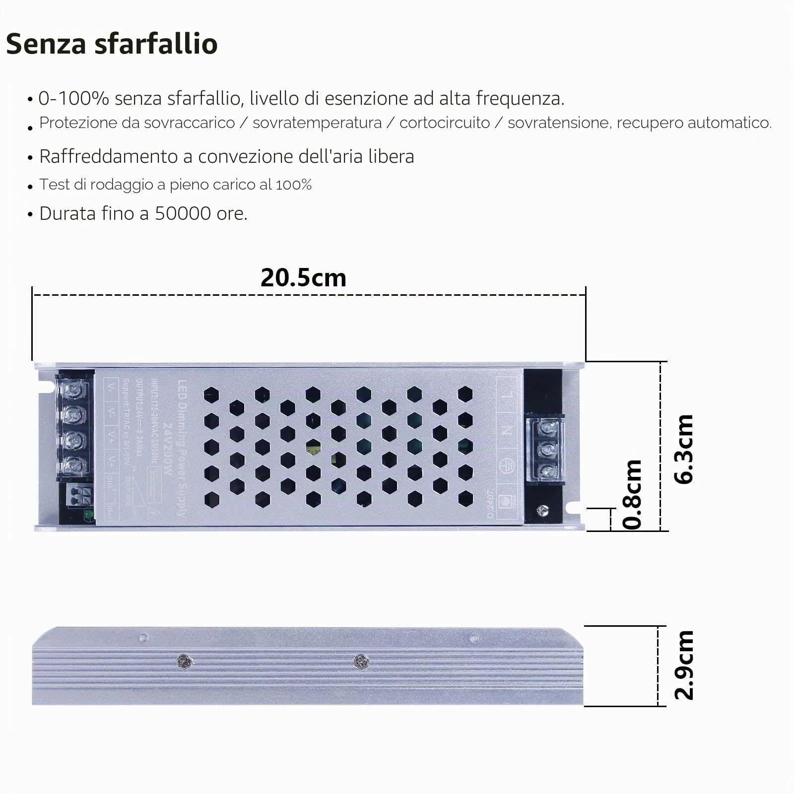 BENLUN Alimentatore LED 24V 8,5A 200W, Trasformatore Dimmerabile IP20, CA 220V a CC 24V Power Supply a Tensione Costante per Striscia LED