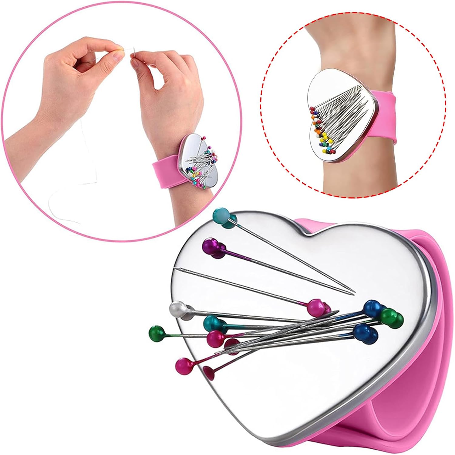 Magnetic Wrist Sewing, Portable Arm Pin Cushion Magnetic Pincushion with Wristband (Pink)