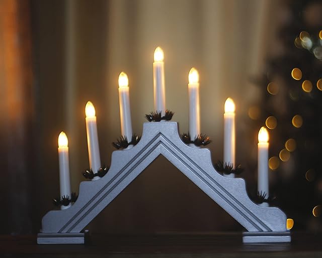 Garden Mile Traditional Christmas Candle Bridge Arch Decorations with 7 Warm White Flameless Candles - Low Voltage Christmas Ornaments Mains Operated Table, Window Decor (Silver)