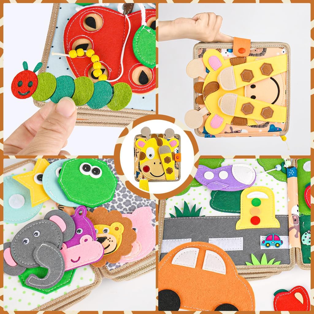 Clapstore Giraffe Toddler Busy Book, Montessori Toys for Boys Girls 1 2 3 4 Year Old, Educational Quiet Activity Book with Knowledge with Animal, Parent-Kids Activity Toy, Fit as Gifts for Children
