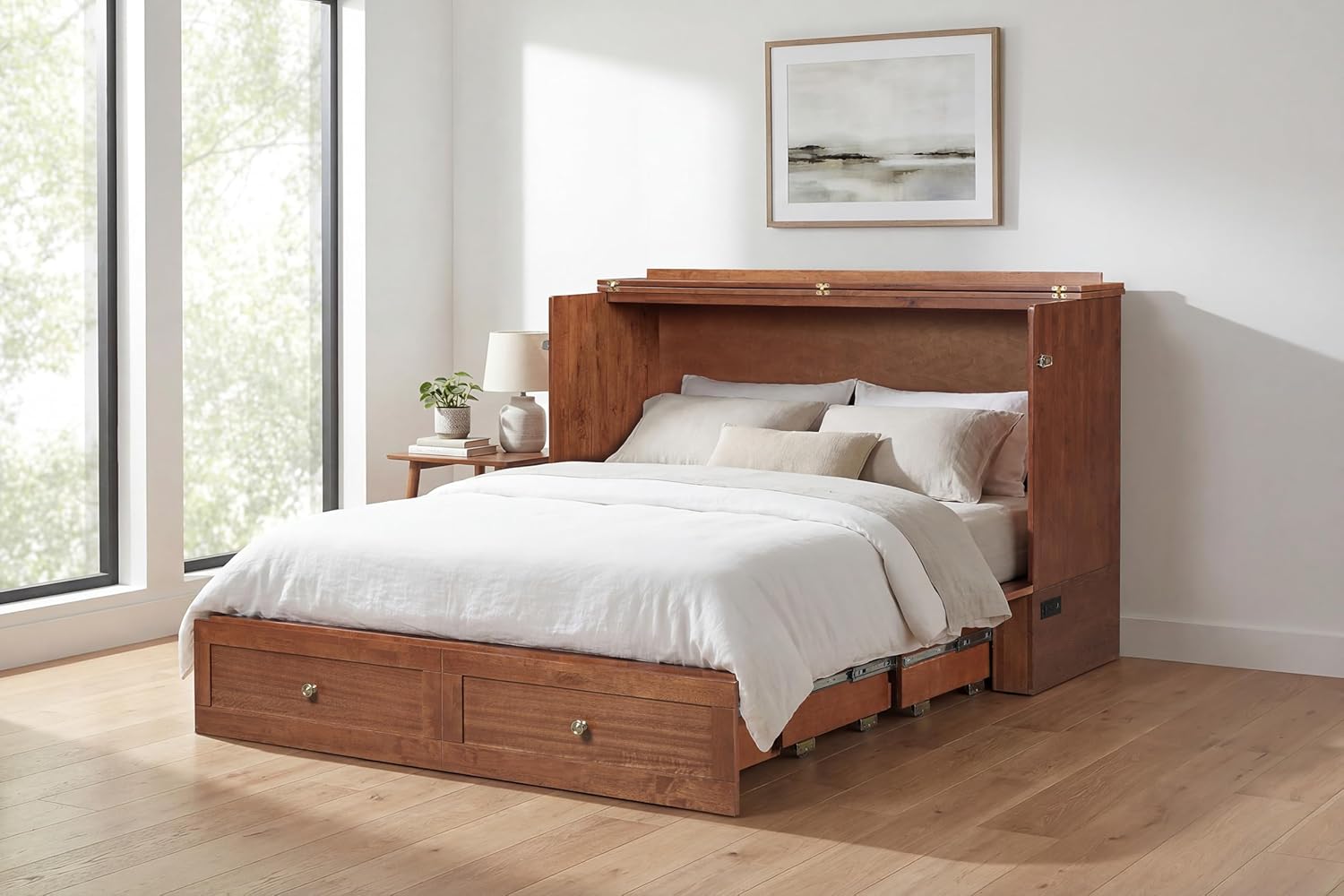 Mega Solutions Breeze Cabinet Chest Bed with Charging Station 6 Inch, Queen (Sunset Oak)