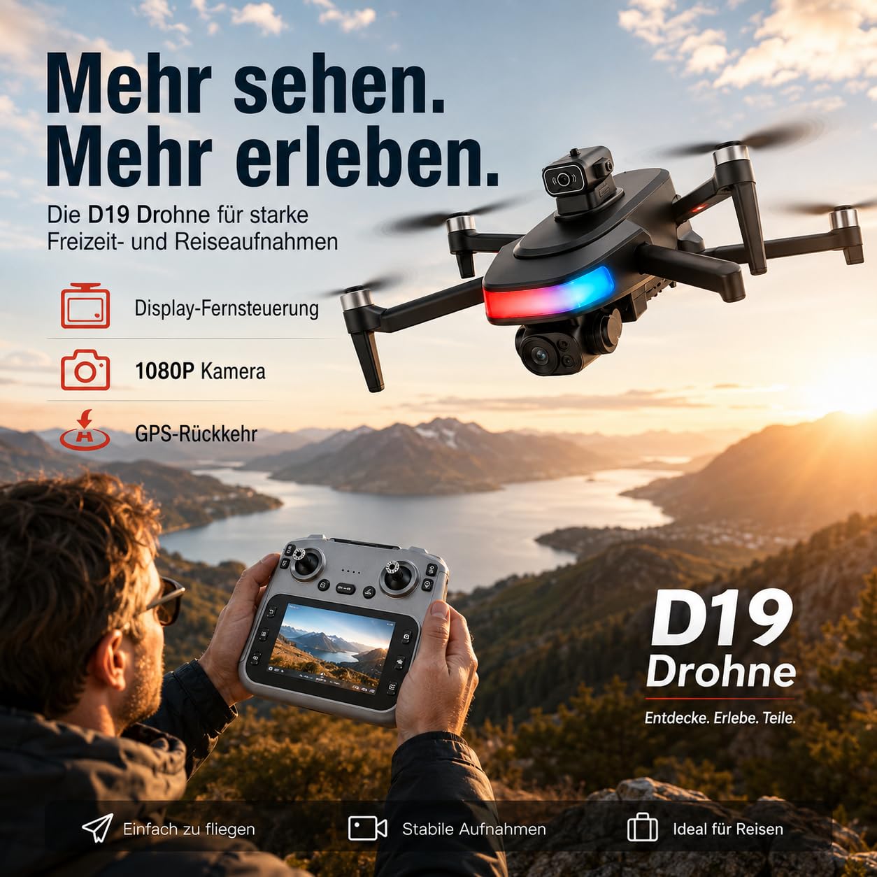 Faltbare GPS Drohne mit Kamera 1080P HD, Dual-Kamera, 4,5'' Bildschirm Fernsteuerung, bürstenlose Motoren, 2 Akkus (40 Min), Follow Me, 360° Orbit, Waypoint, Optical Flow, Hinderniserkennung
