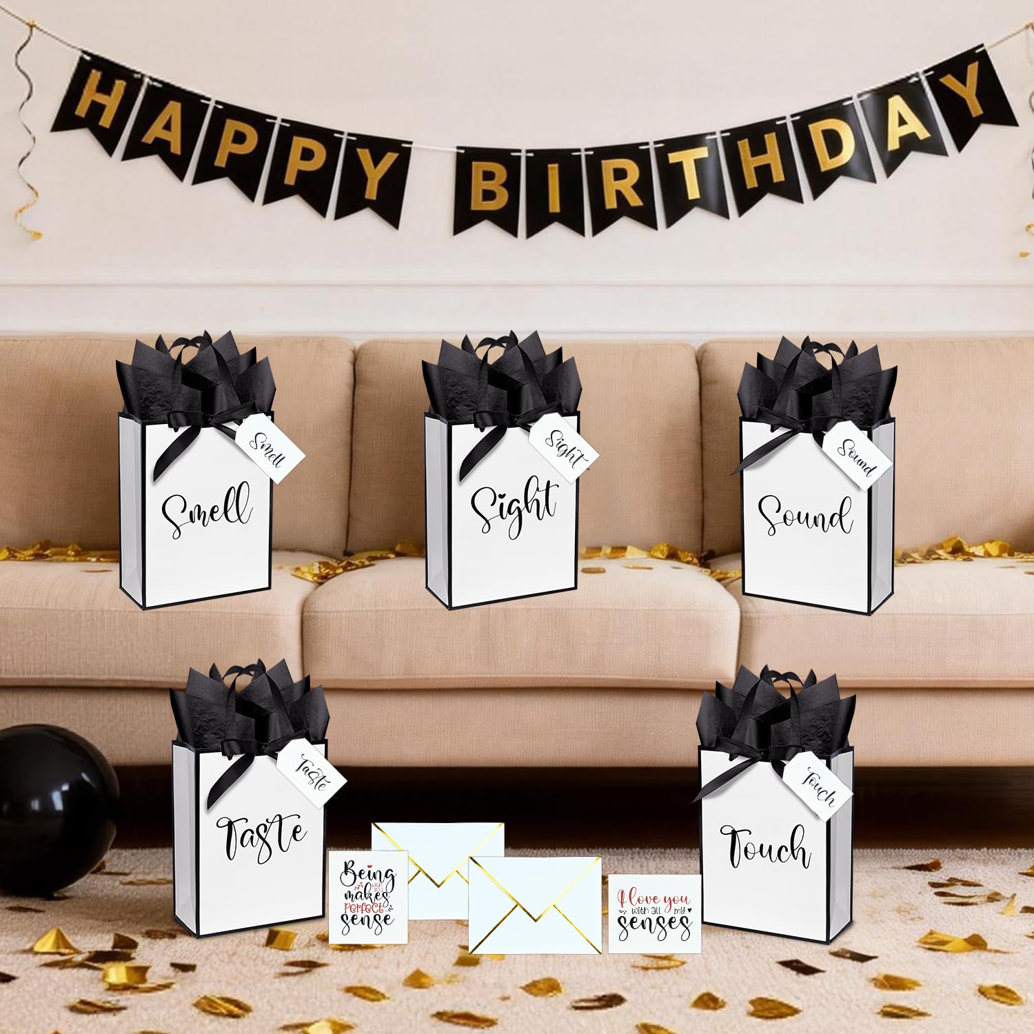 Nimbbex 5 Senses Gift Bags For Him with Labels, Five Senses Gift Bags with Cards, Envelopes and Ribbons for Valentine'S Day, Birthday, Anniversary, Mother'S Day,Father'S Day 9X7X3.2 Inches (White)