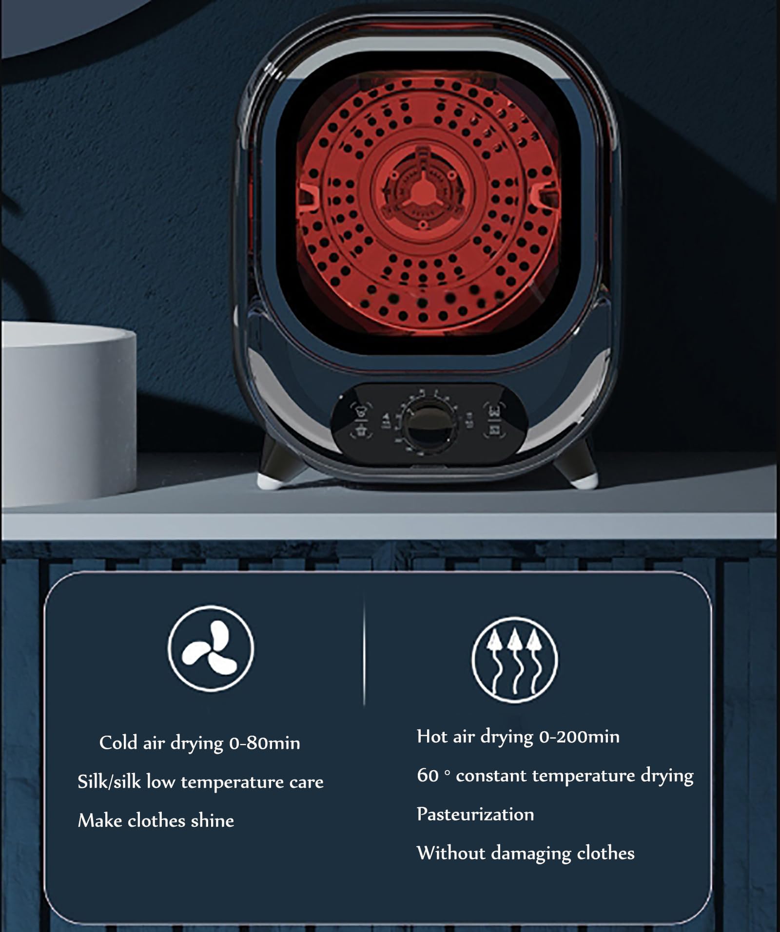 Mini asciugatrice compatta, asciugatura intelligente, motore in rame puro, capacità di carico 0,8 kg, aria calda e fredda, adatta per vestiti di diversi materiali, temperatura costante 60 ℃ per uso