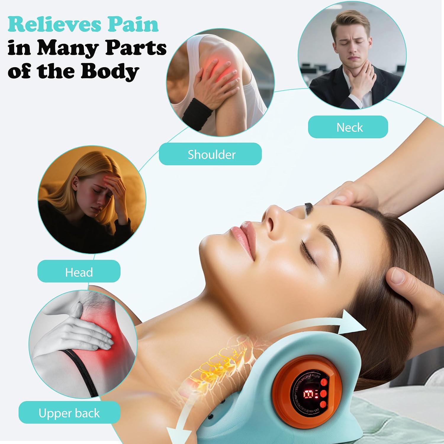 Neck Massager, Neck and Shoulder Relaxer with Heat, 3 Modes, Portable Pillows for Pain Relief and Muscle Relax, 26° Angle Cervical Traction Device for Back, Shoulder