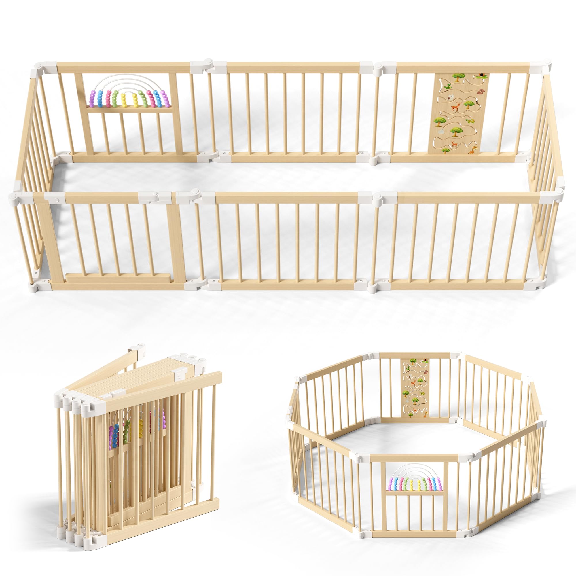 BLEKOO Recinto per bambini in legno con centro giochi – 140 x 140 cm Box bambini pieghevole | Recinto in legno regolabile con giochi e cancelletto (8 pezzi)