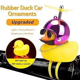 wonuu Rubber Duck Car Ornaments Yellow Duck Car Dashboard Decorations Squeeze Duck Bicycle Horns with Propeller Helmet (Bright Rose-Light)