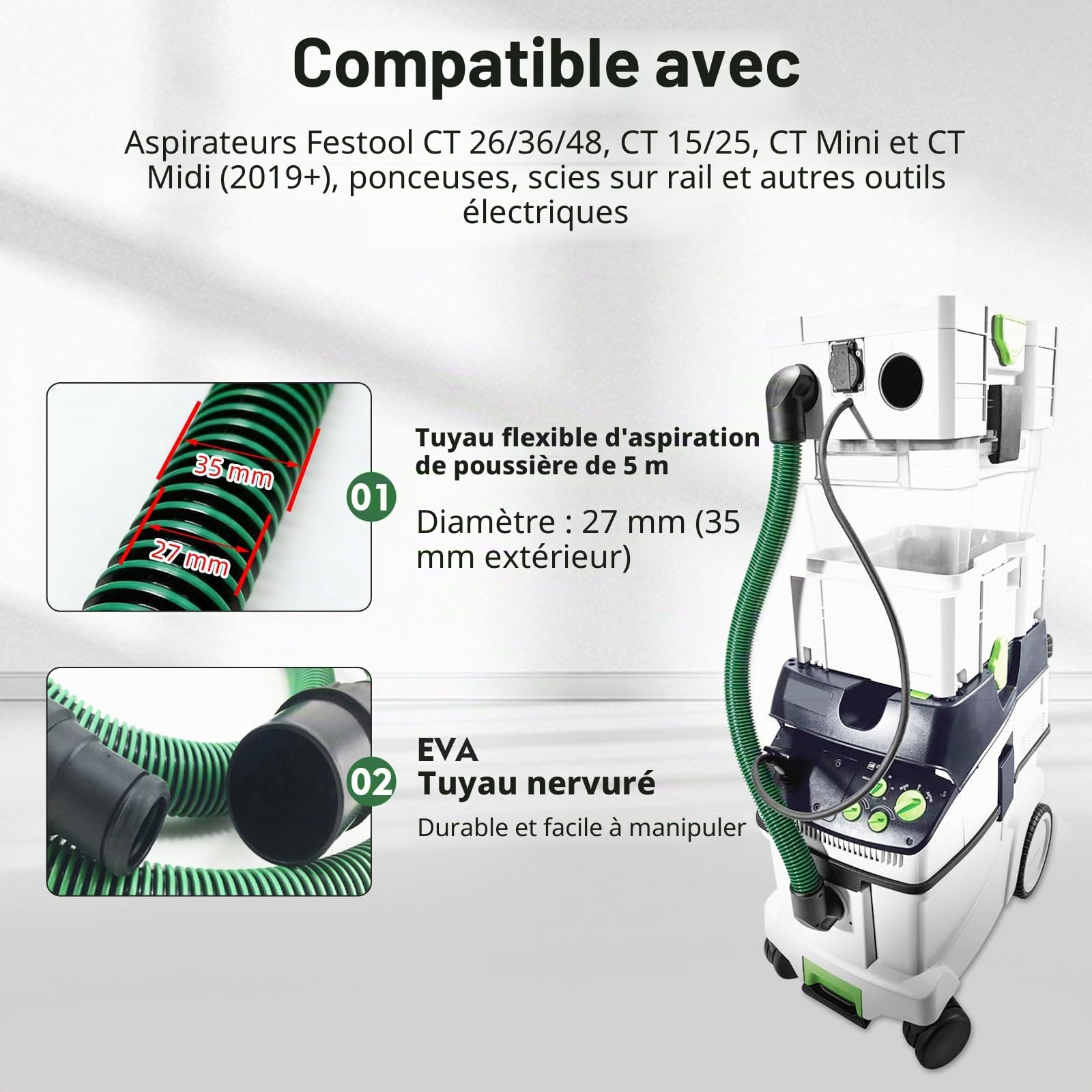 5 m Tuyau d’Aspiration de Poussière Compatible avec Festool CT 26/36/48, CT 15/25, CT Mini & CT Midi à partir de 2019, D27 (Ø35 mm) Tuyau d’Aspiration pour Ponceuses et Systèmes d’Aspiration