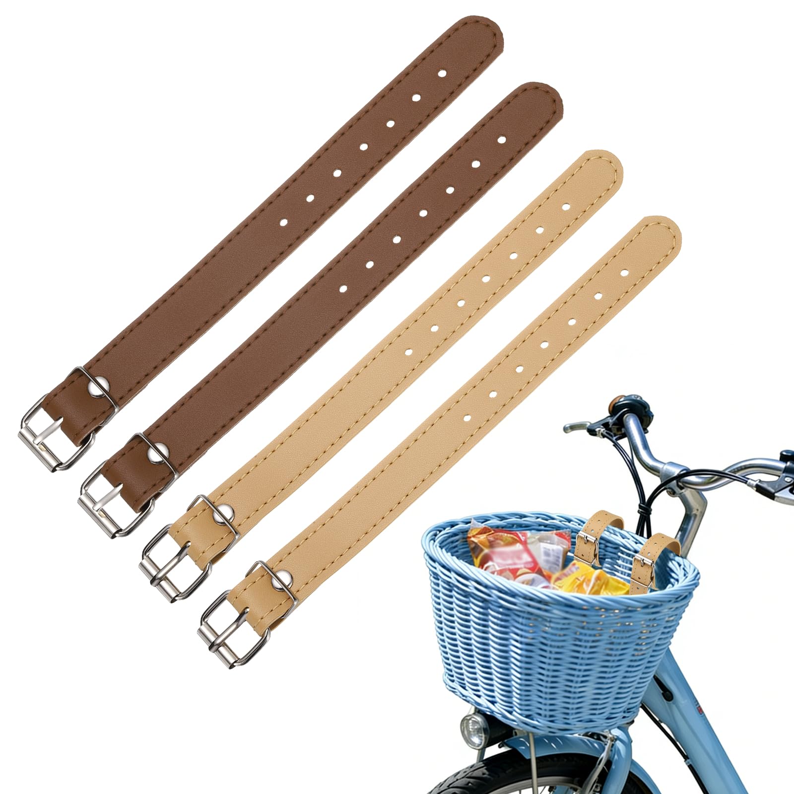 YELARXI Bicycle Basket Strap, Adjustable Bike Front Baskets Leather Straps Detachable Securing Straps 4 Pcs & Light Brown/Brown-Fitting for (Most Bikes/Tricycle/Scooters)