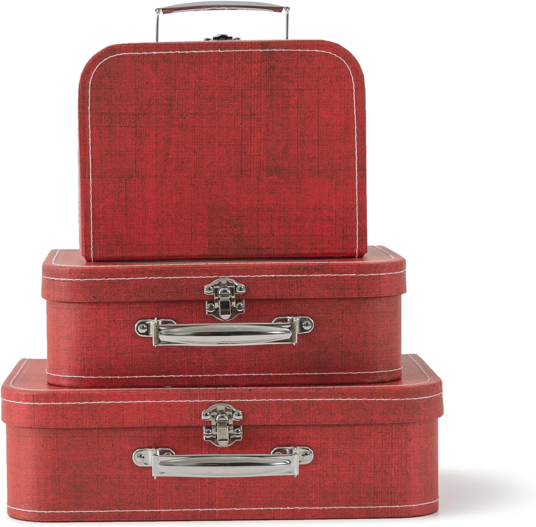 SLPR Cardboard Suitcase Boxes with Handle (Set of 3, Distressed Red) | Paperboard Boxes with Lids for Wedding Decoration Birthday Parties
