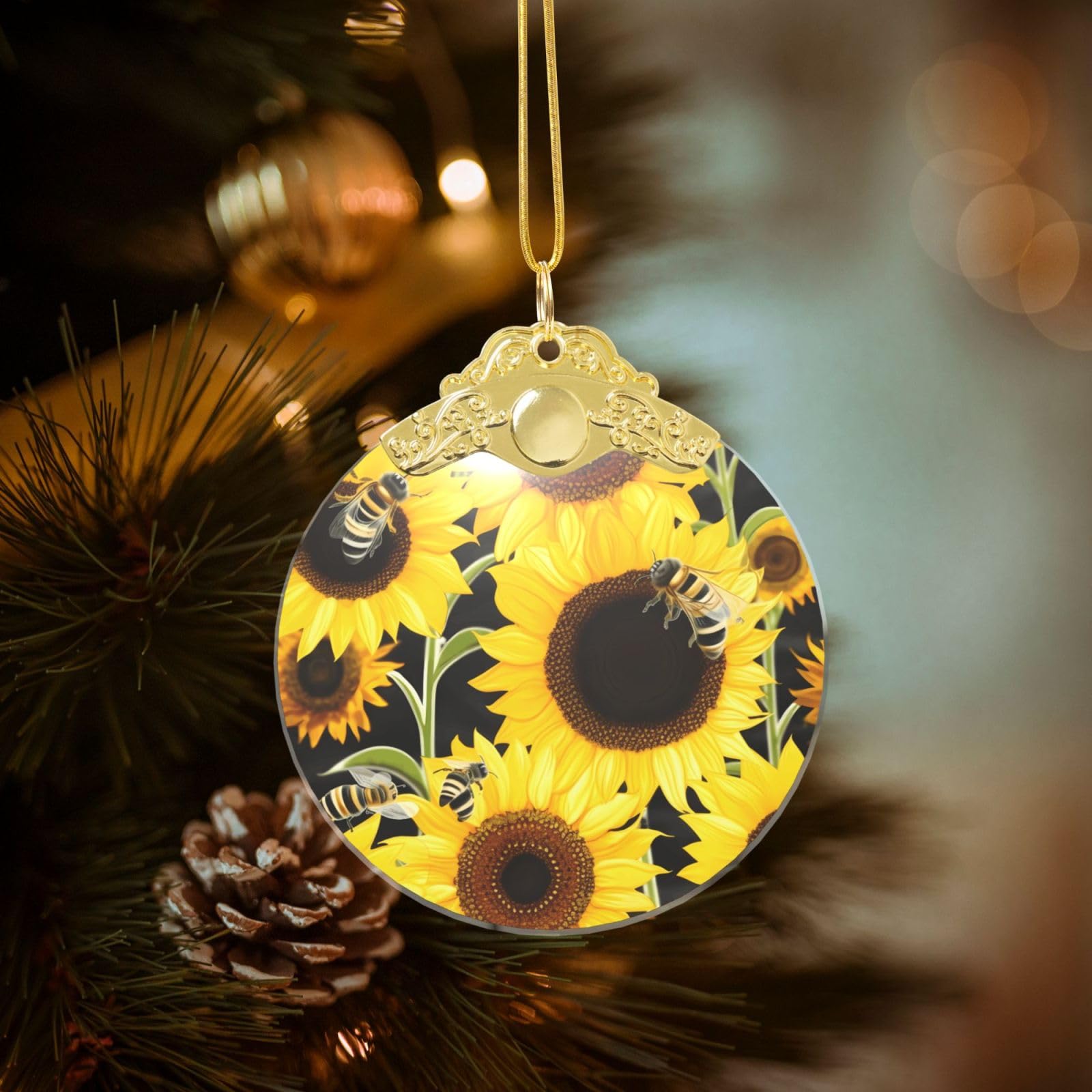 Crystal Christmas Ornaments for Christmas Tree Decoration Hanging Sunflower Bees Ornament with Gold Ribbon Crafts Round Pendant for Keepsake Gifts Glass Xmas Decor Party Supplies