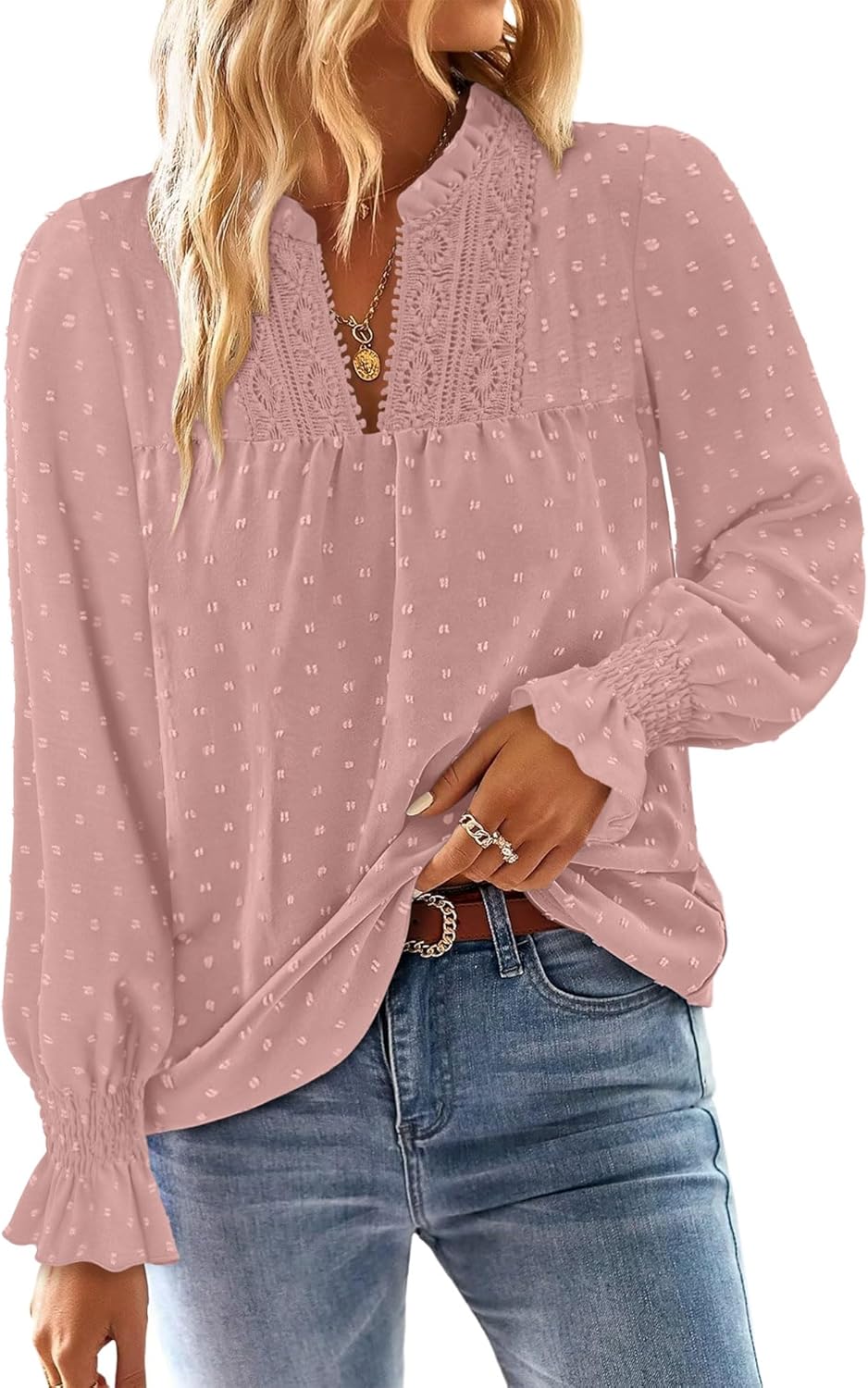 BETTE BOUTIK Women Boho Long Sleeve Shirts Dressy Casual V Neck Fall Fashion Tops Swiss Dot Flowy Blouses