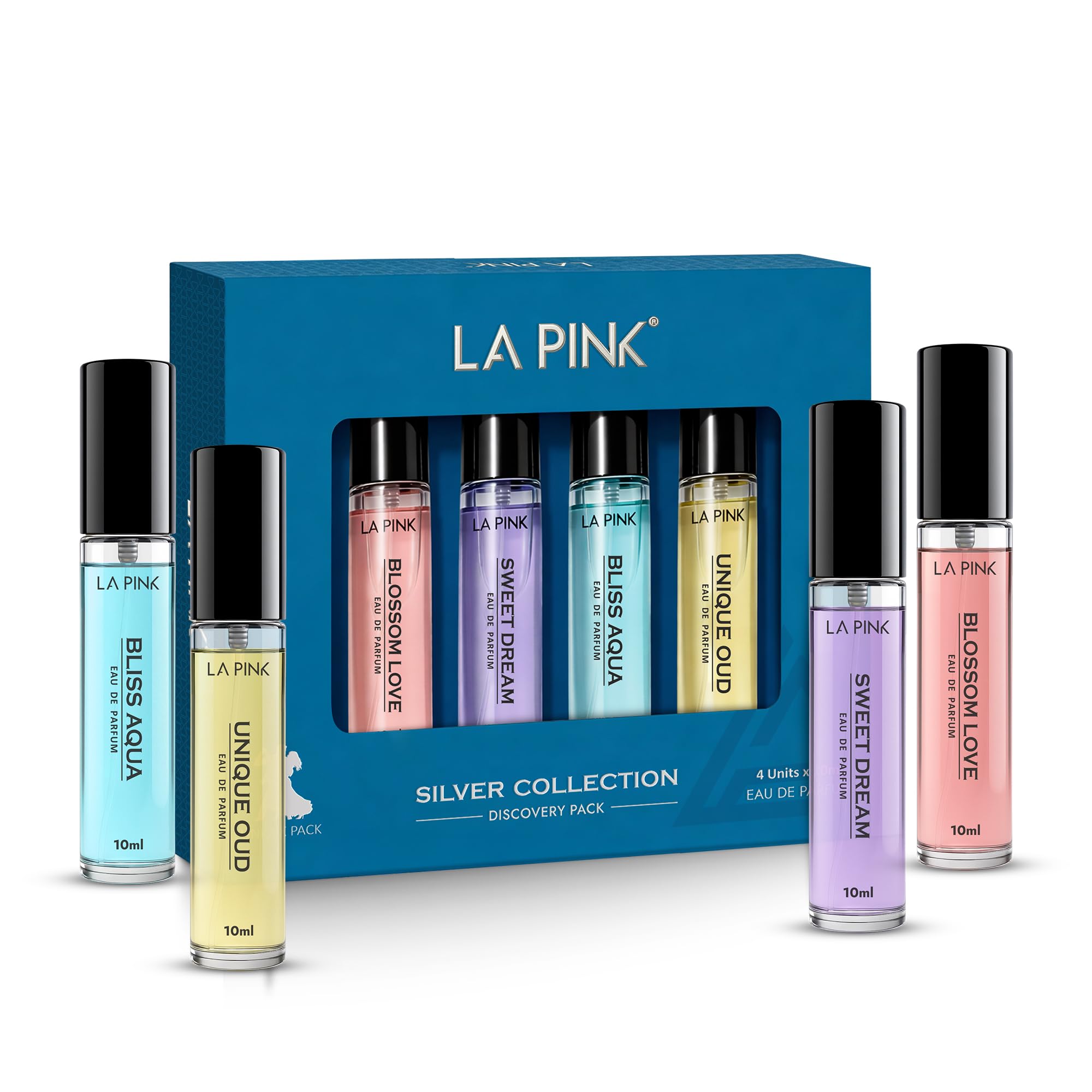 La Pink Perfume Gift Set for Women | Silver Collection EDP Long Lasting Premium Unisex Perfume for Man & Woman | Vanilla, Oud, Citrus & Musky Notes | 4x10ml (Pack of 4)-image-18