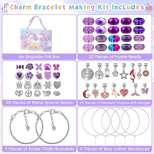 Miniatura 2 de Flasoo Kit de fabricación de pulseras con dijes, kit de fabricación de joyas para niñas adolescentes con unicornio, sirena, morado, regalo de