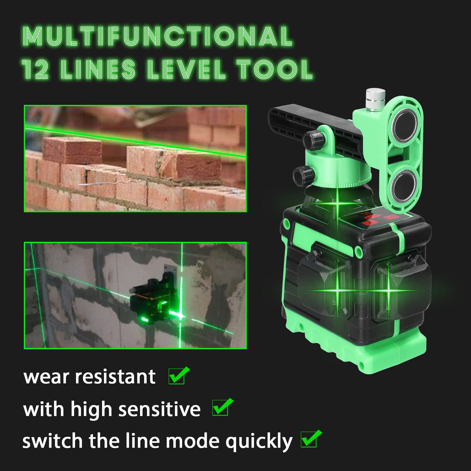 Nivel Láser Autonivelante 360 Grados 25m 3D 12 Lineas Líneas Láser Cruzada+2 * 1200mAh Batería de Litio Recargable+Base Giratoria+Soporte de Pared+Bolsa de Transporte para Diseño de Baldosas
