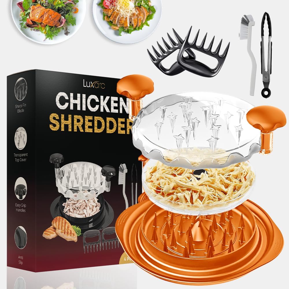 The LUXARC Chicken Shredder Tool Twist Large in orange, displayed with its included accessories: a cleaning brush, tongs, and a fork. Cooked chicken is shown shredded within the tool.