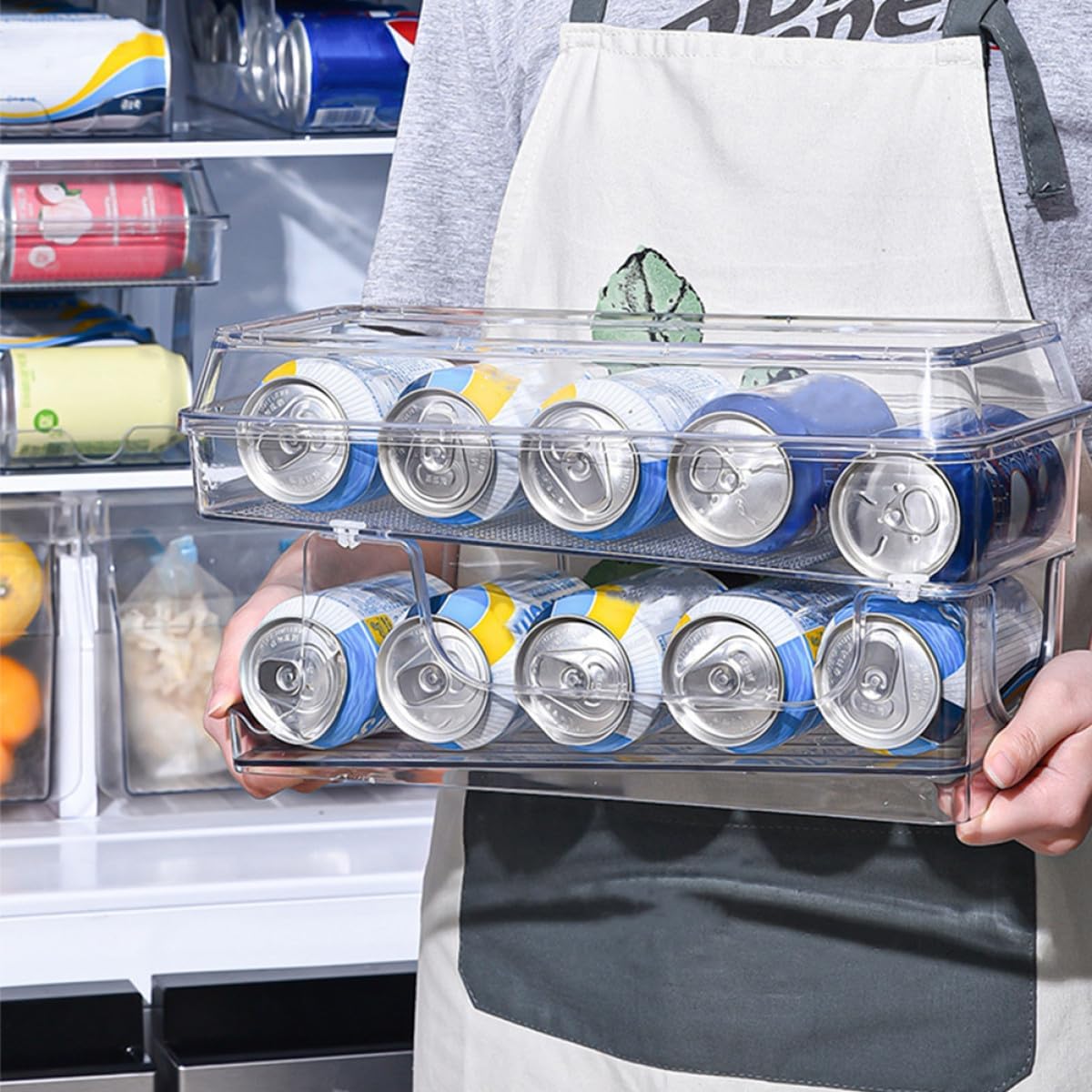 OSALADI Double-layer Soda Can Organizer Dispenser, Stackable Plastic Can Holder with Auto-rolling Function for Fridge and Home Kitchen Storage
