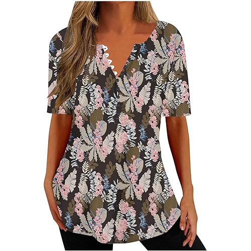 Womens Summer Tops 2024 Dressy Short Sleeve Button V Neck T Shirts Business Casual Beach Outfits Clothes Loose Soft Cute Tees