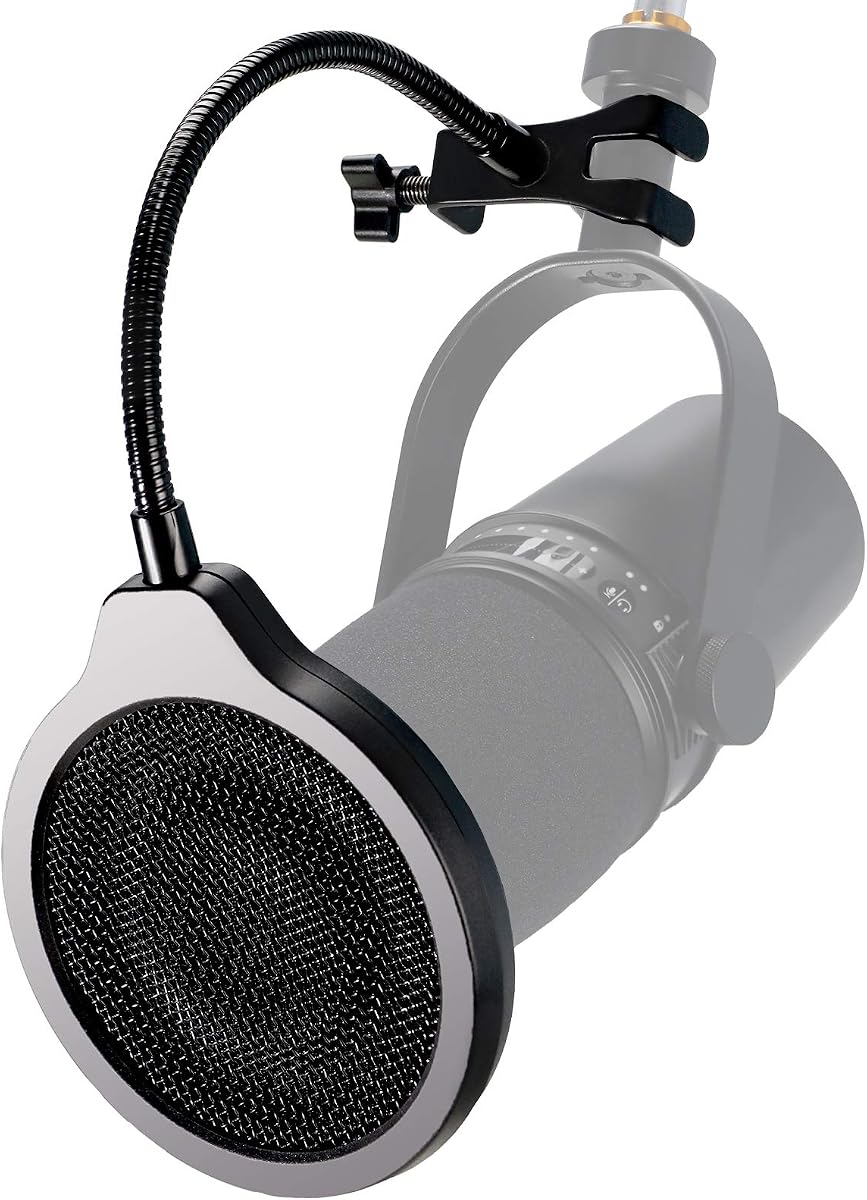 YOUSHARES Filtro pop – Parabrisas de metal de 3 capas de 4 pulgadas con clip de cuello de cisne flexible de 360° protector de máscara de micrófono compatible con micrófono Shure MV7