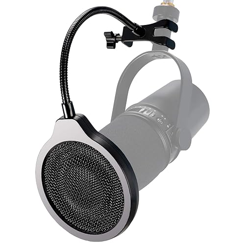 YOUSHARES Pop Filter - 4 Inch 3 Layers Metal Windscreen with Flexible 360° Gooseneck Clip Mic Mask Shield Compatible with Shure MV7 Mic - Windscreens