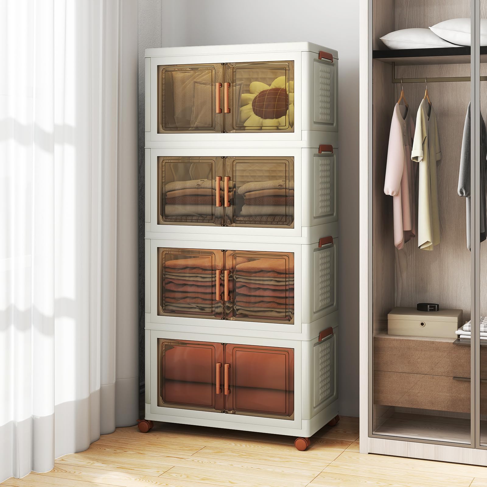 GIANTEX Contenitore di Archiviazione in Plastica, Organizzatore Impilabile con Coperchi e Porte, 4 Ruote, Scatole Organizzatore Pieghevoli per Soggiorno, Camera da Letto (62,5 x 34,5 x 130,5 cm)