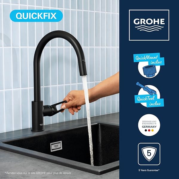 GROHE QuickFix Start Loop - Robinet de Cuisine monocommande pour évier, avec douchette extractible – Pivotant à 360°, Noir Mat, 305562430 - 5
