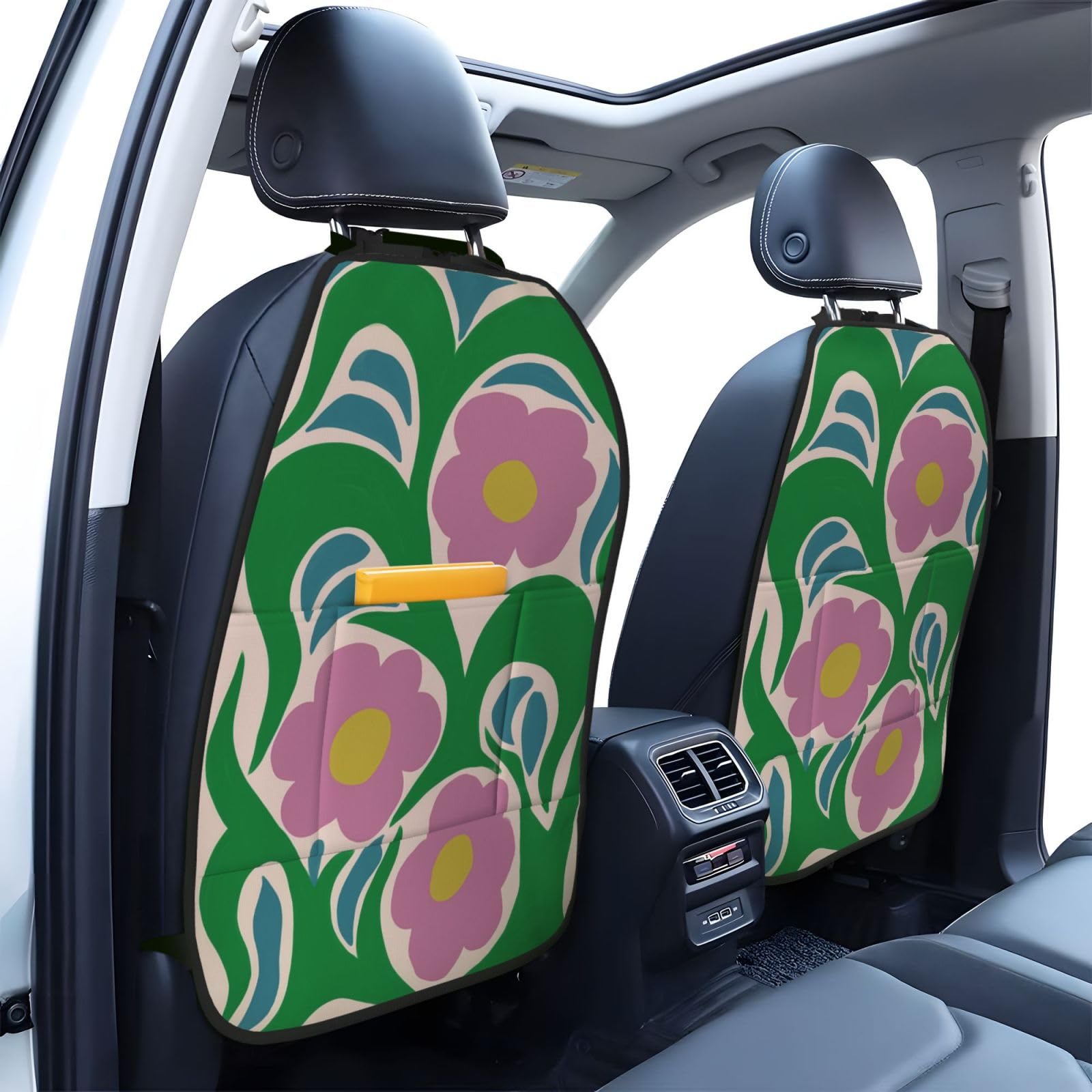 Abstract Blue Flowers Aesthetic Car Seat Back Kick Protectors,2 Pack Kick Mats with Storage Pockets for Vehicles to Protect from Dirt Mud Scratches