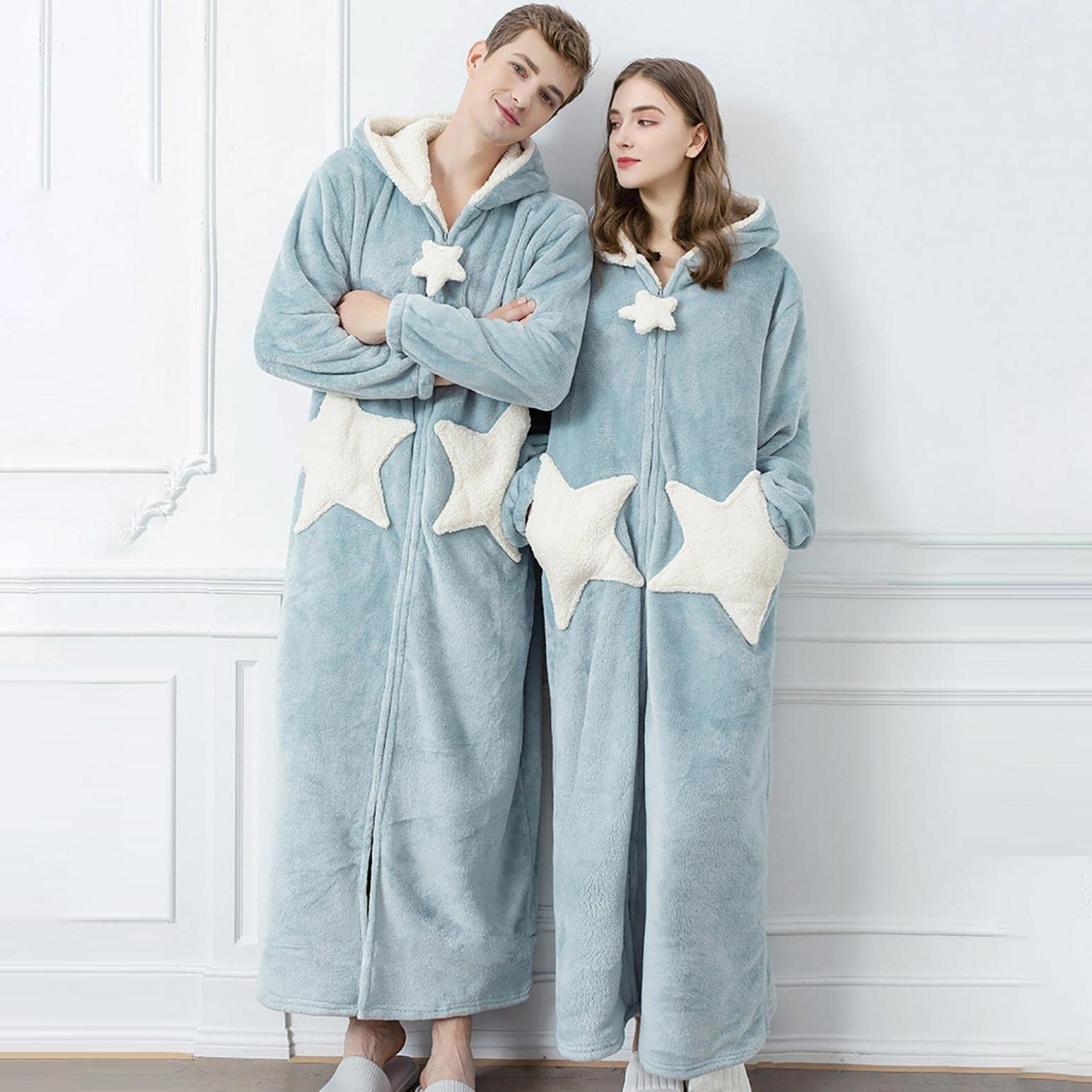 IQYU Albornoz de mujer con cierre de cremallera, bata de rizo para mujer, largo, mullida, de algodón, cálido, de rizo, de manga larga, para sauna, Ablau., XL
