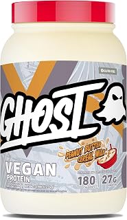 GHOST Vegan V2 Protein Powder, Peanut Butter Cereal Milk - 2LB Tub, 27G of Protein - Plant-Based Pea & Organic Pumpkin Blend Protein with Fiber & Iron ­Flavored Post Workout Shakes - Soy & Gluten Free