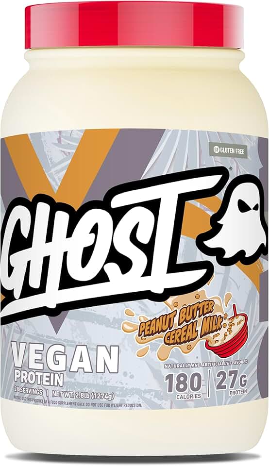 GHOST Vegan V2 Protein Powder, Peanut Butter Cereal Milk – 2.8LB Tub, 27G of Protein - Plant-Based Pea &amp; Organic Pumpkin Blend Protein with Fiber &amp; Iron Flavored Post Workout Shakes - Soy, Gluten Free