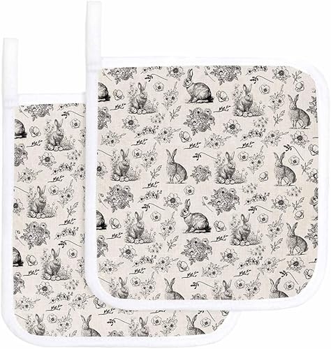 2 Packs Rustic Easter Rabbits Pot Holders Sets for Kitchen,Oven Pan Plate Bowl Pads Heat Proof Mat with Hanging Loop,Terry Cloth Potholders Soft