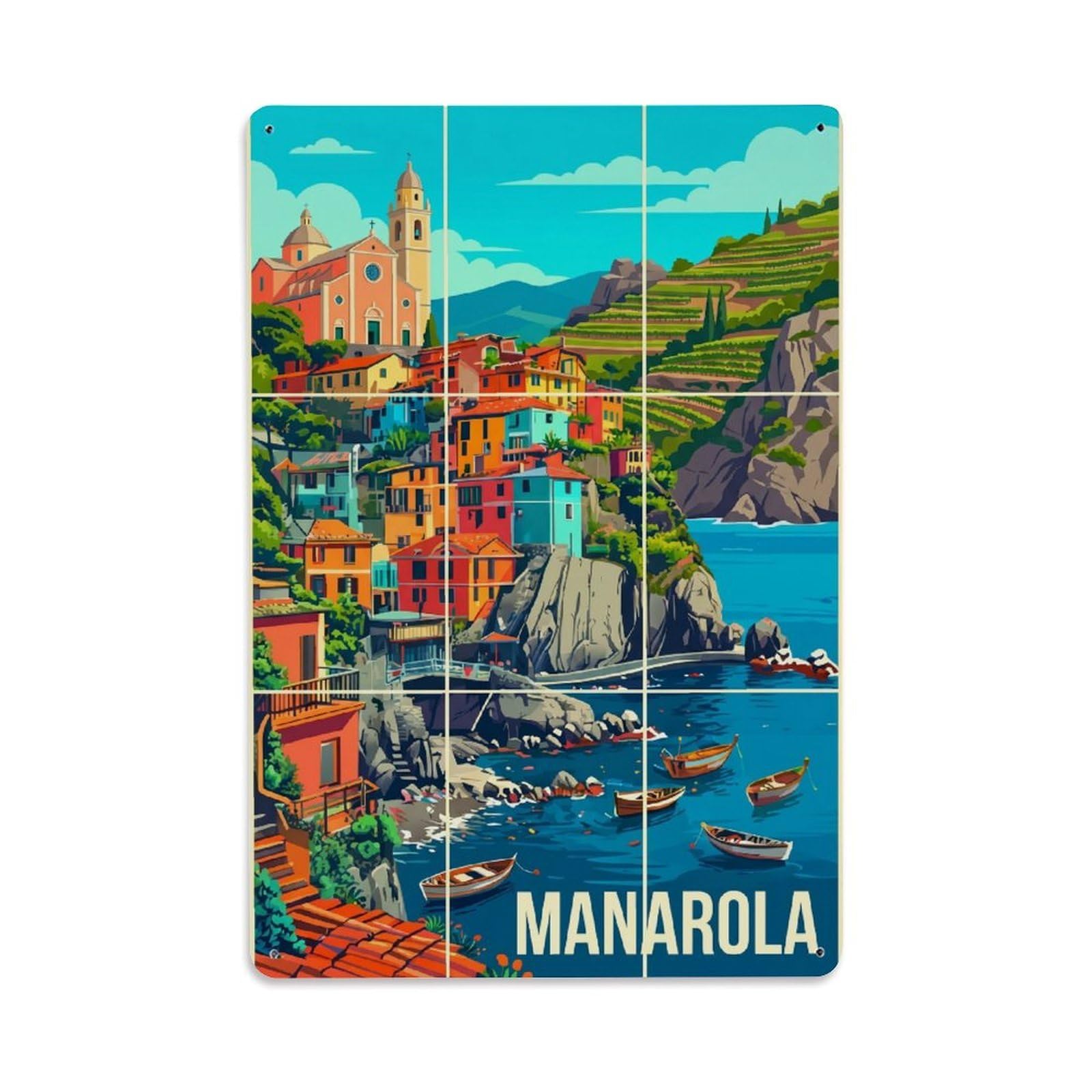 Manarola Italian Riviera Retro Cinque Terre Metal Tin Sign Plaque Wall Decor for Cafe, Man Cave, Club Bar, Office, Home Garden Round Metal Poster 8x12Inch
