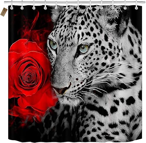 Miniatura 2 de Juego de 4 cortinas de ducha con diseño de leopardo y rosa roja, elegante guepardo blanco y negro, para el día de San Valentín, romántico, floral,