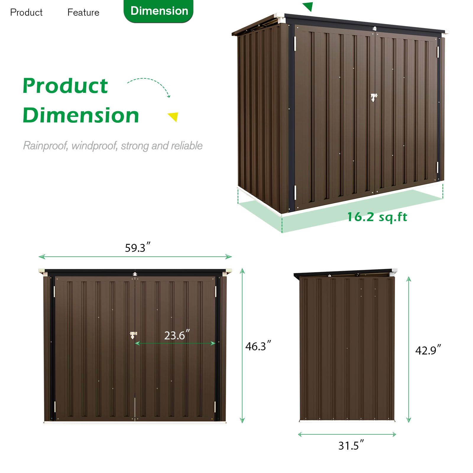 U-MAX Outdoor Trash Can Storage, Outdoor Garbage Bike Storage Shed, Horizontal Cabinet Waterproof, Brown Garbage Can Bicycle Sheds & Storage Clearance, Brown - 5