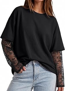 Trendy Queen Womens Lace Long Sleeve Tops Oversized T Shirts 2026