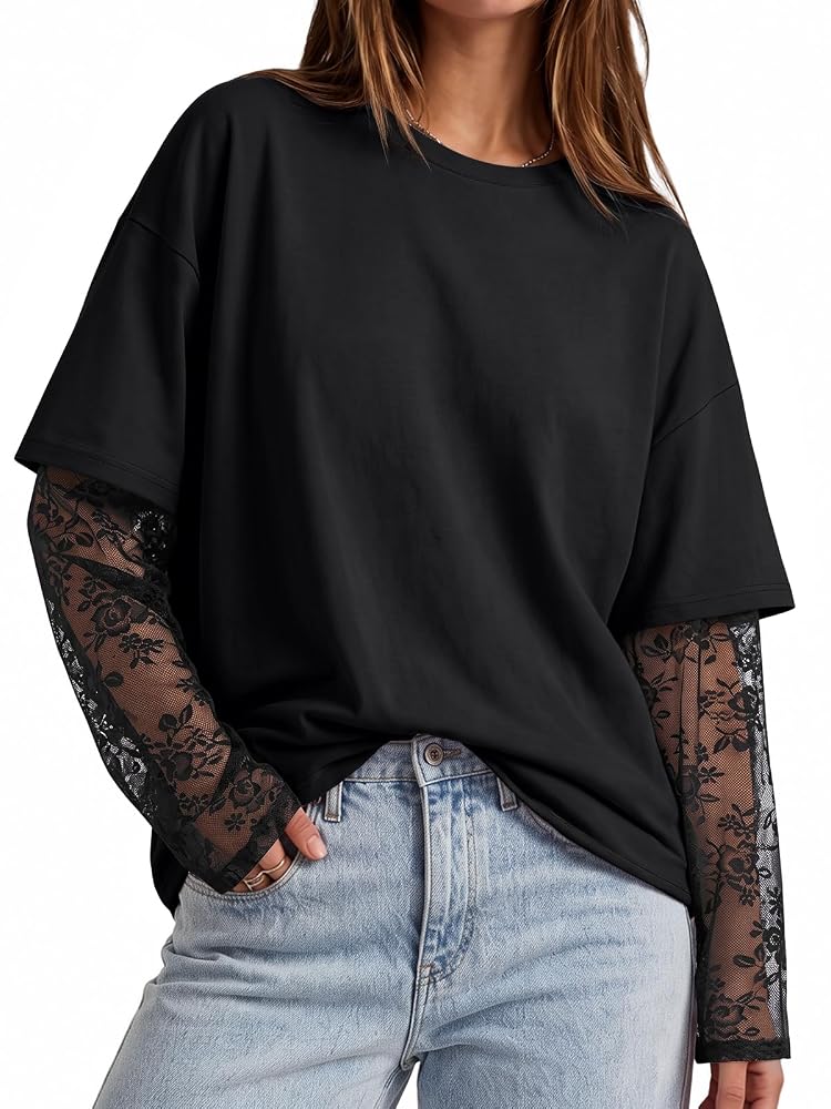 TRENDY QUEEN Lace Long Sleeve Oversized T Shirts