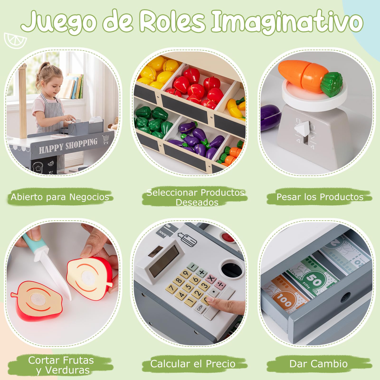COSTWAY Supermercado Infantil de Madera, Set de Juego de Tienda para Niños con Carrito de Compras, Máquina Expendedora, Mostrador de Caja Registradora, Pizarras, Estantes de Exhibición