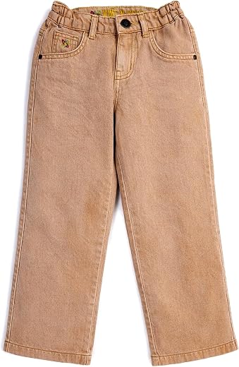 Knit N Knot Girl's Kids Brown Tan Wide Leg Flared Fit Relaxed High Waist Frayed Bottom Jeans | Regular Casual Festival Occ...