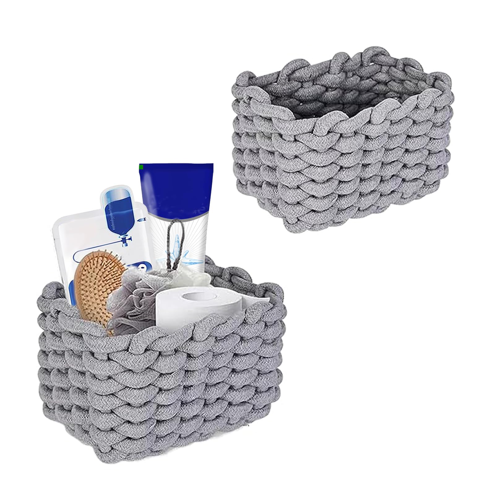 Geflochtene Baumwolle Strickkorb,2 Stück Aufbewahrungskorb Geflochten,19x15x12cm Kleiner Korb Geflochten Baumwolle Für Schreibtische, Frisiertische und Badezimmer(Grau)