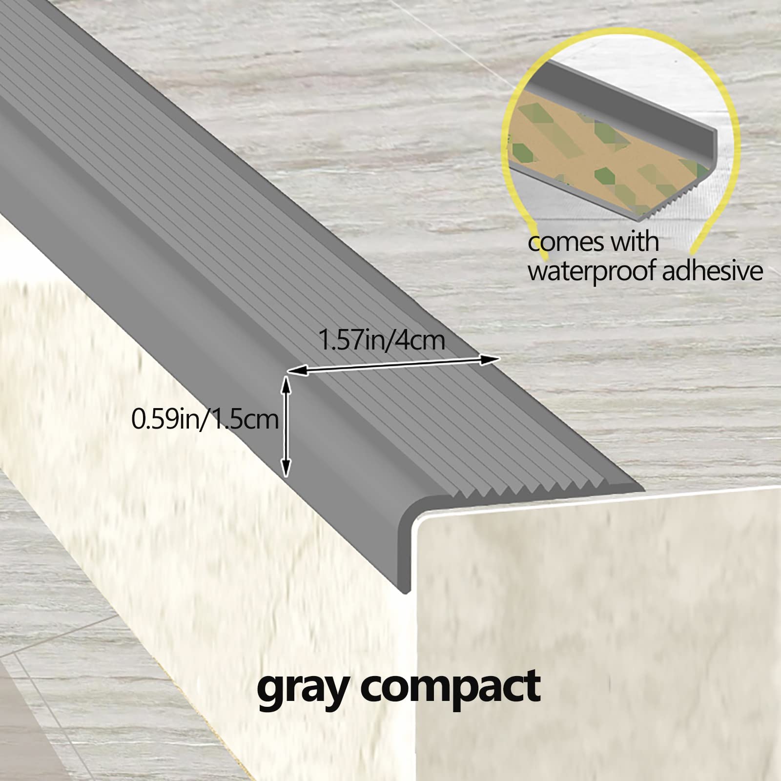 Protezione antiscivolo per gradini in gomma PVC per gradini interni ed esterni, 1,5 x 4 cm, colore grigio, soluzione di sicurezza per scale